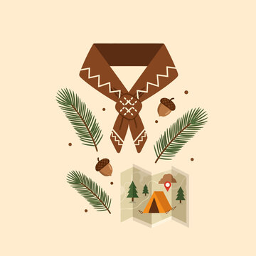 Minimalist scout illustration featuring a brown neckerchief with a woggle, green pine needles, acorns, and a paper camping map with an orange tent on a cream background.