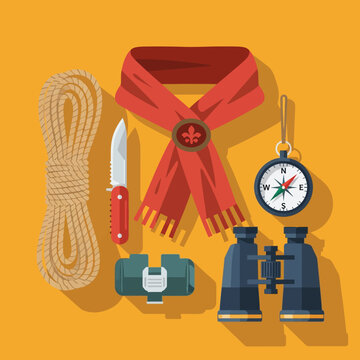 Scout gear illustration with red neckerchief, fleur-de-lis woggle, rope, pocket knife, compass, binoculars, and flashlight on orange background with flat design long shadows.