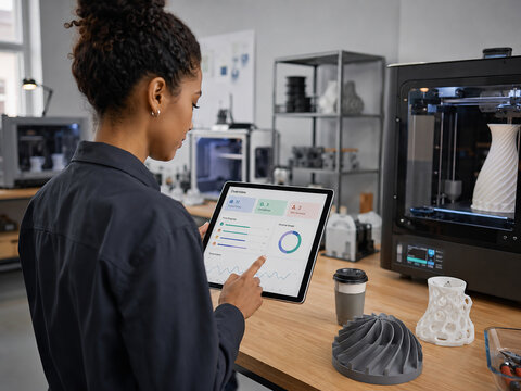 Engineer monitoring 3D printing process with a digital tablet in a modern workshop