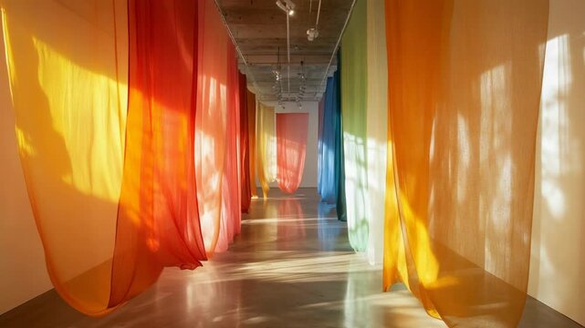 Colorful rainbow fabrics hanging in a sunlit art gallery corridor, creating a beautiful and vibrant immersive installation with a spectrum of warm and cool colors