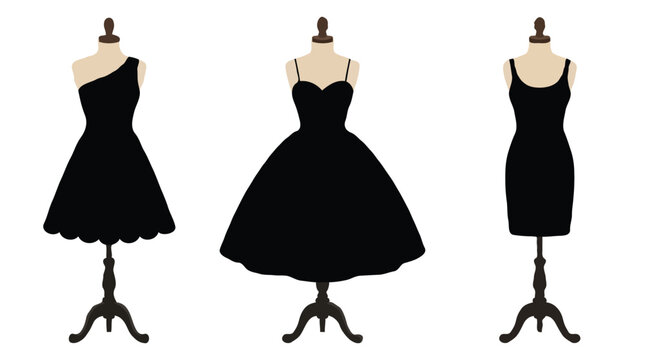 Tailor mannequin stands displaying elegant black dresses vector illustration set
