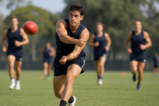AFL Player Handballing Football During Training Drill