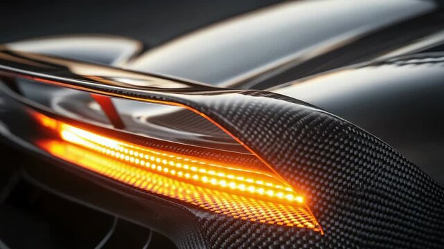 Carbon fiber spoiler on a modern sports car with a flashing led sequential turn signal, showcasing its aerodynamics, luxury automotive design, and high-performance technology
