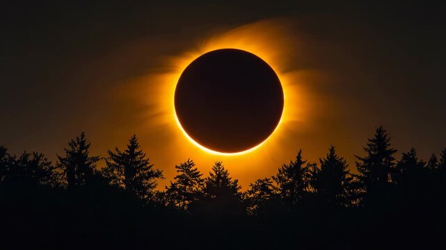 Total solar eclipse with glowing corona revealing behind the moon, setting over a dark forest silhouette, showing the bailey's beads and diamond ring effect
