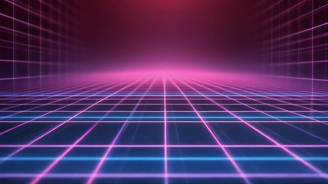Retro futuristic 80s synthwave neon grid landscape moving forward in a seamless loop, evoking a sense of nostalgia for arcade video games and science fiction aesthetics