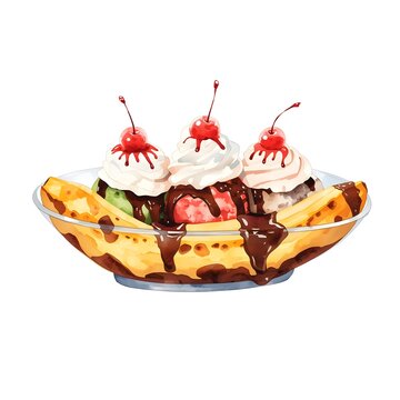 Watercolor Banana Split Dessert Illustration