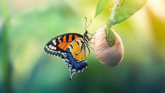 Beautiful swallowtail butterfly emerging from its chrysalis, a symbol of transformation, growth, and rebirth in a lush, vibrant natural environment with warm sunlight