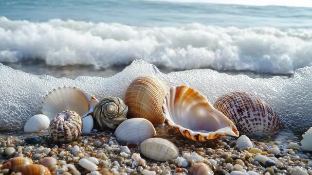 Gentle sea wave washing over a variety of beautiful seashells lying on a pebble beach during a sunny day, creating a serene and tranquil coastal scene with ocean foam