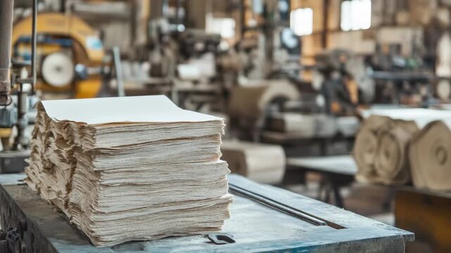 Stack of freshly produced cardboard sheets resting on a workbench in a dusty paper mill, highlighting the industrial manufacturing and production process in a factory