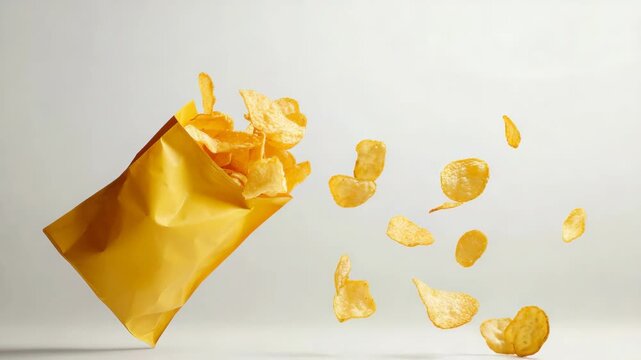 Crispy golden potato chips exploding from an open yellow bag, showcasing a popular salty snack. The tasty appetizer is shown floating against an isolated white background