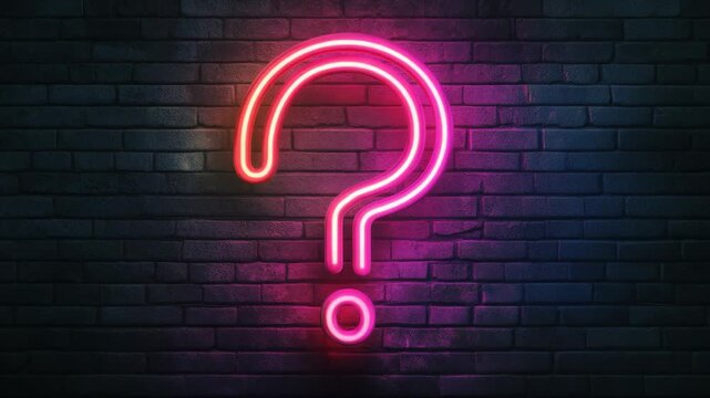 Glowing question mark neon sign flickering on a dark brick wall background, representing concepts of uncertainty, doubt, knowledge, and problem solving