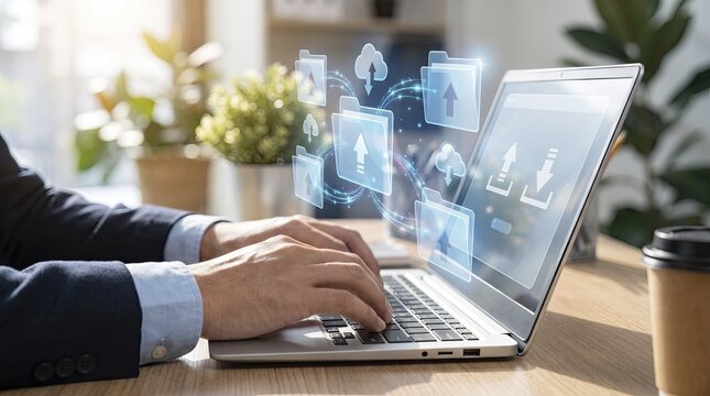 Hands typing on laptop with digital cloud data upload icons floating above screen in bright office setting
