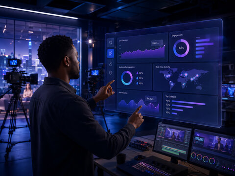 Professional broadcast producer analyzing real-time engagement data on a futuristic digital dashboard in a dark studio