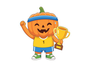 Cute pumpkin mascot character wearing sporty headband and jersey holding golden trophy cup, funny jack o lantern face for halloween sport champion designs