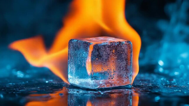 Melting ice cube sitting on a wet surface with intense orange flames burning in the background, contrasting hot and cold elements in a conceptual macro shot