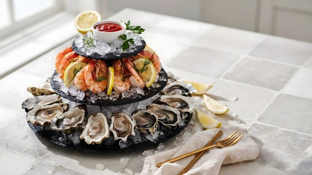 Three tier seafood tower with oysters and shrimp &ndash; Ideal for luxury seafood bars, raw bar catering, or high end dining.