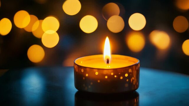 Burning candle flame flickering against a magical background with golden bokeh lights creating a spiritual, religious, or festive atmosphere for meditation or prayer