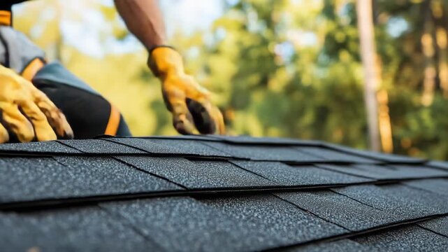 Roofer wearing protective gloves installing new black asphalt shingles on a house roof during a home improvement and maintenance project, showing a close-up of the hands