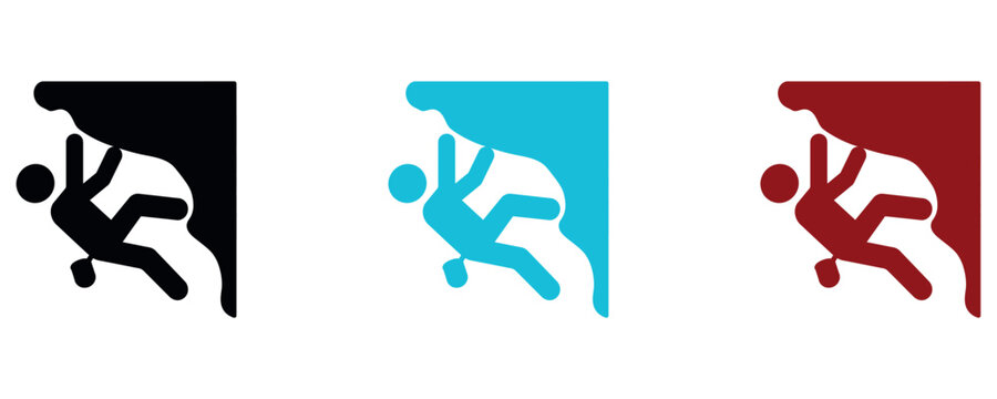 Set of colorful rock climbing icons featuring a silhouette of a person scaling a steep cliff face.