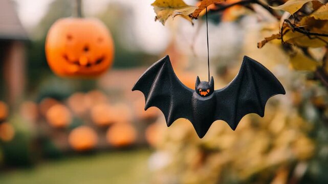 Decorative black bat toy and jack-o'-lantern pumpkins hanging on a tree branch for halloween celebration, symbolizing trick-or-treat traditions and spooky autumn festivities