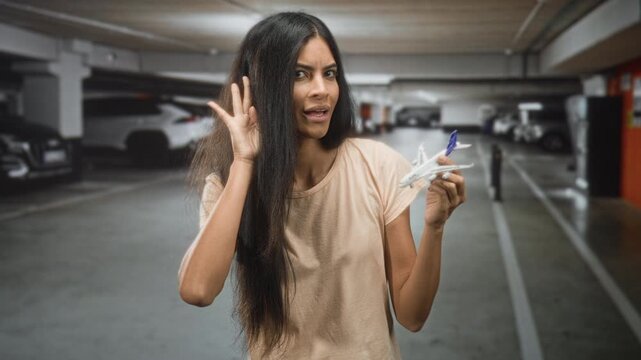 Woman holding toy airplane and cupping ear while listening in an indoor parking building; curiosity wonder.