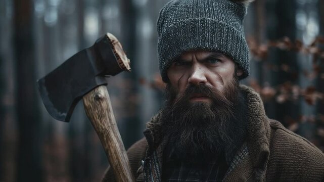 Stern bearded lumberjack with a scar on his face holding a sharp axe on his shoulder and looking intently at the camera in a mysterious and foggy autumn forest