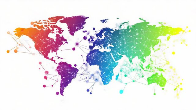 Colorful plexus network connecting the world map, symbolizing global business, communication, and technology data transmission on a clean white background