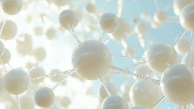 Abstract molecular structure background showcasing scientific innovation and nanotechnology research with a network of moving atoms representing chemical compounds