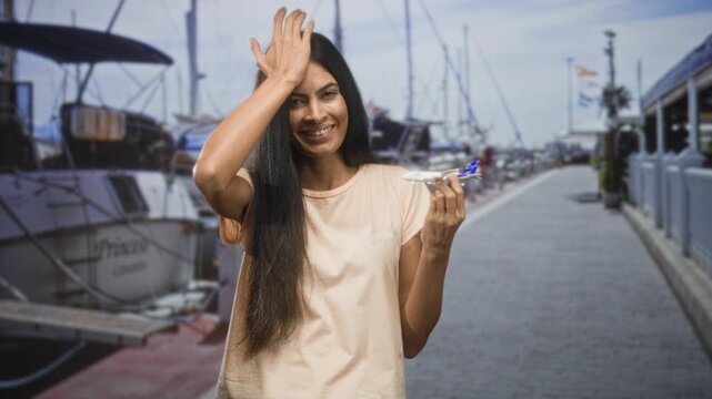 Woman holding toy airplane, hand to forehead in a facepalm gesture on a street by a marina; wanderlust longing.