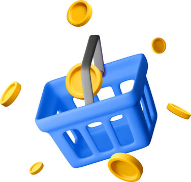 3D Blue shopping basket with flying gold coins