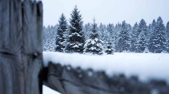 Cinematic close-up of falling snow and frost on a wooden fence with dark evergreen forest trees in a misty winter field