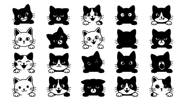 Cute Cat Face Icon Vector Set with Different Expressions and Patterns Black and White Kitten Illustration Collection