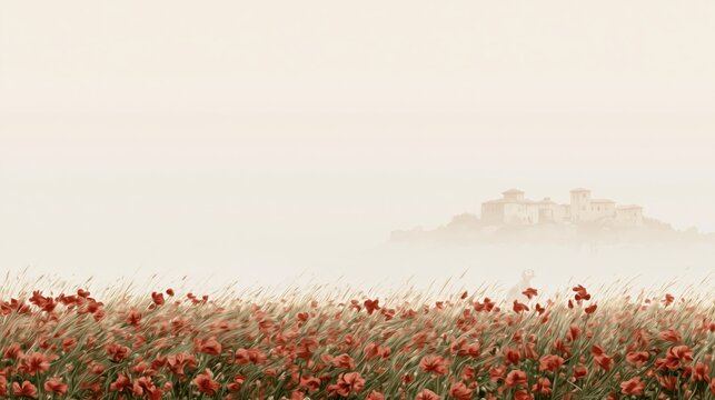 Growth and continuous improvement unfold in this serene red poppy field with a distant villa emerging through soft morning mist.