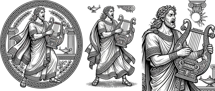 Ancient Bard Sings and Plays Lyre with Laurel Wreath