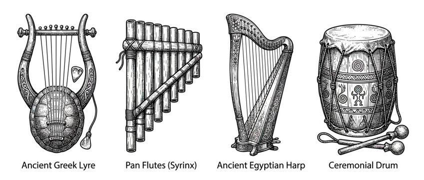 Collection of Ancient Musical Instruments, Black and White Sketch