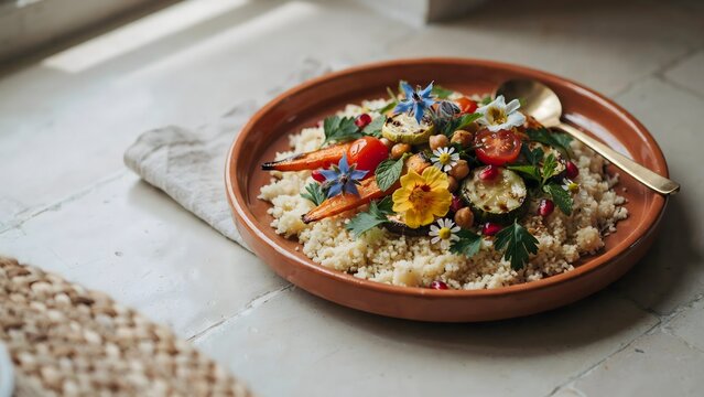 Minimalist Moroccan couscous bowl with vegetables &ndash; Ideal for North African cuisine, vegetarian food, or travel dining.