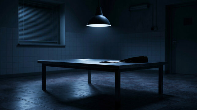 Dark interrogation room with a single overhead hanging lamp illuminating a metal table. Ideal for detective crime and mystery thriller themes.