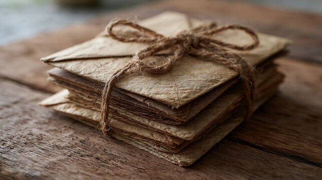A stack of vintage handmade letters tied together with rustic twine on a wooden table. Perfect for romantic love letters or historical themes.
