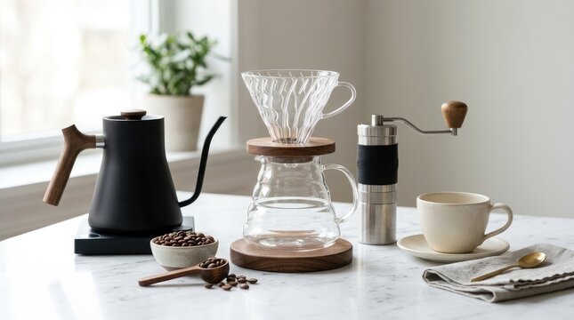 Craft coffee prep scene with glass pour over brewer, black kettle on heater, and manual steel grinder
