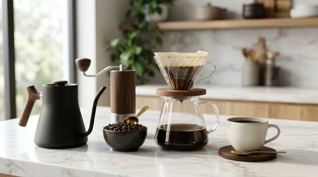 Slow bar pour over coffee set with wooden details, hand grinder, and black gooseneck kettle