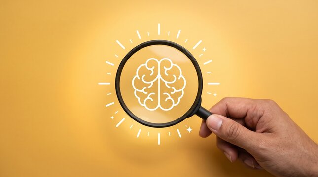 Examining the Mind: A hand holds a magnifying glass over a glowing illustration of a human brain, symbolizing deep thought, discovery, and intellectual pursuit.
