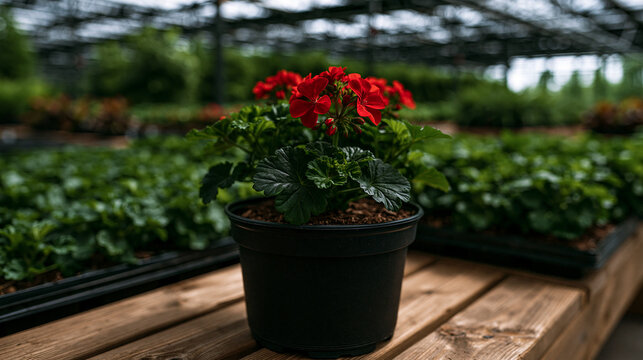 A potted red geranium flower sits on a wooden table inside a bright plant nursery. Ideal for gardening and horticulture themes.