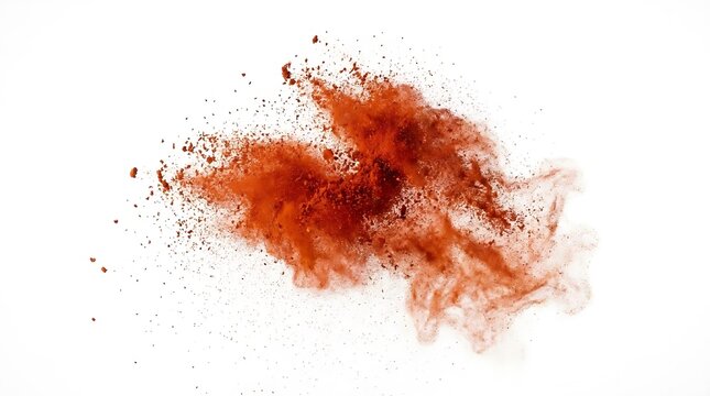 Red spice powder explosion on white background.