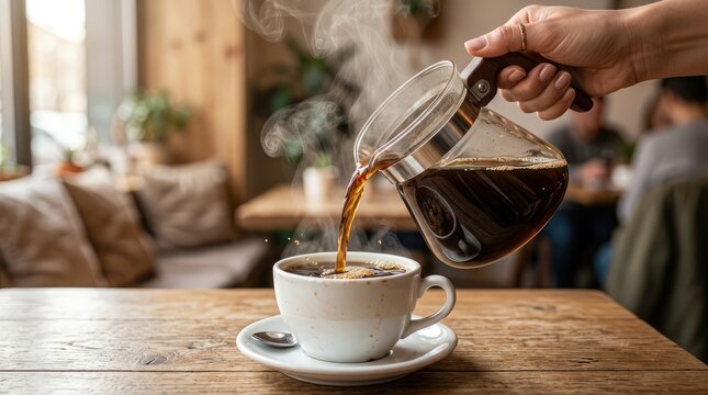 Hot brewed coffee being poured from glass server into white cup with rising steam in cafe
