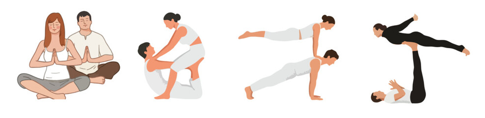 Fototapeta premium Partner yoga poses set, couples acro yoga and contemporary dance duos in balance poses vector illustration.