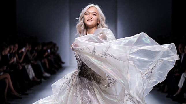 Elegant model showcasing a flowing white gown on a fashion runway