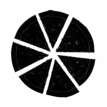 A minimalist conceptual art graphic featuring a segmented circular shape resembling a sliced pie in solid black isolated on a white background.