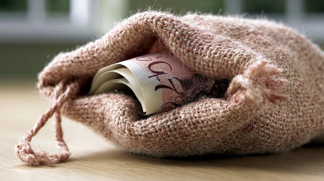 A close-up image of a knitted pouch with rolled currency notes inside.