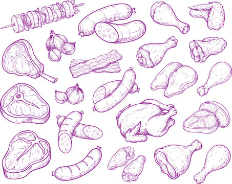 Hand drawn meat icons set. Sketch style food collection with beef, pork and chicken cuts.