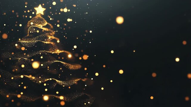 Golden particles forming a waving christmas tree with a star topper and magical bokeh on a dark background, an elegant and celebratory holiday motion graphic